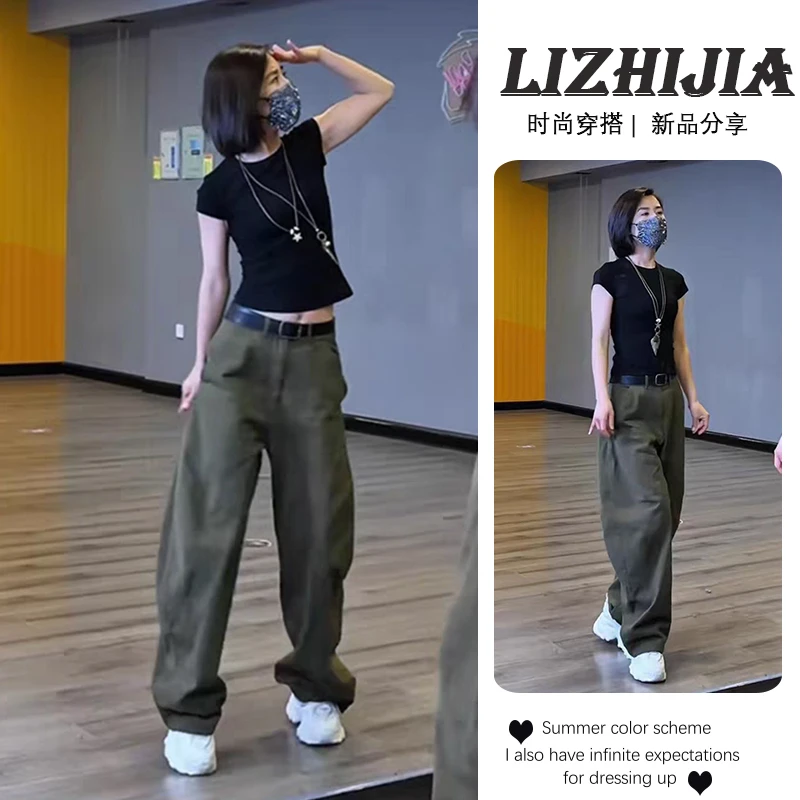 百搭显瘦修身休闲黑色短袖上衣2025宽松时尚洋气直筒阔腿裤两件套