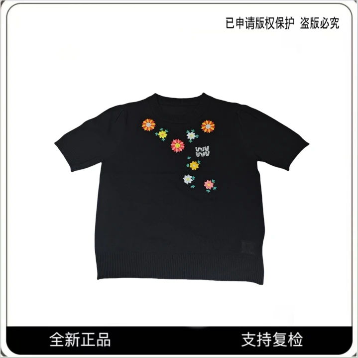 欧货小香重工刺绣花朵短袖针织衫别致独特短款上衣X130