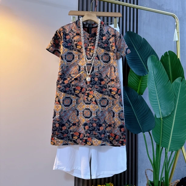 新中式夏季新款大码女装时尚复古国风长衫阔腿裤洋气宽松气质显瘦