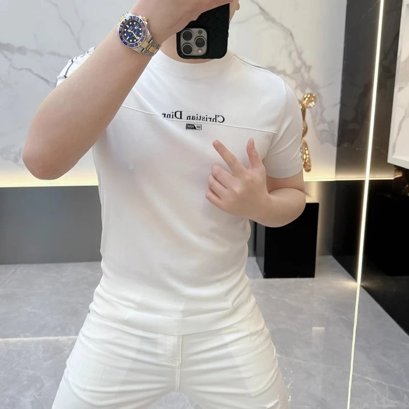 2025欧货轻奢男士针织冰丝短袖T恤印花百搭夏季条纹半袖上衣