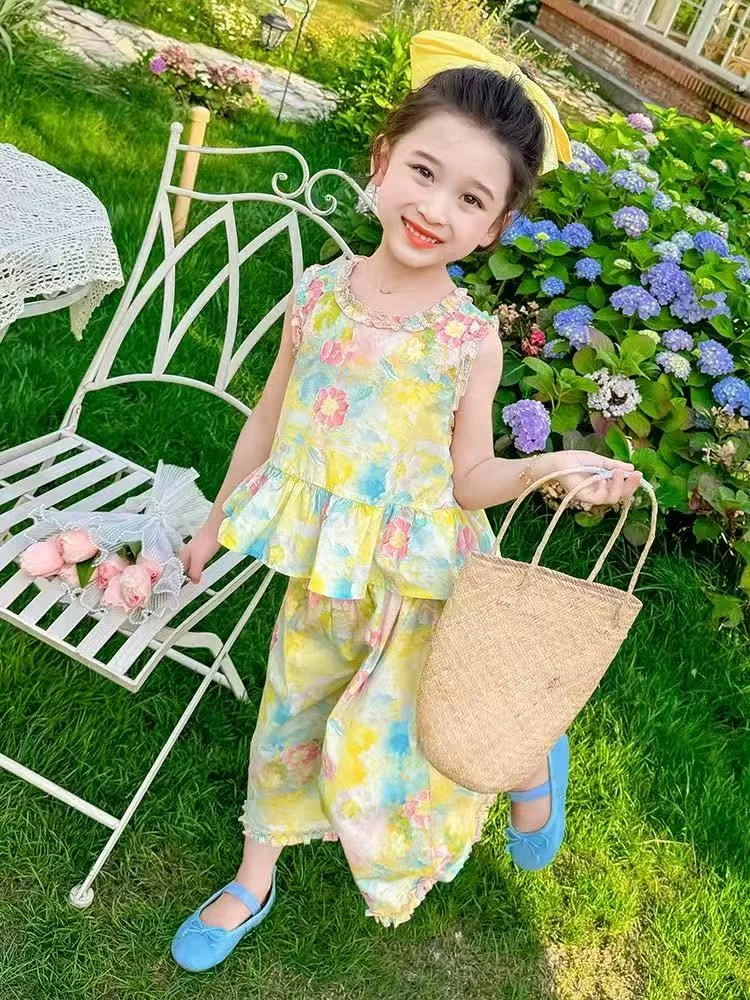 女小童油画套装夏季2025新款女宝宝薄款背心夏装小女孩休闲两件套