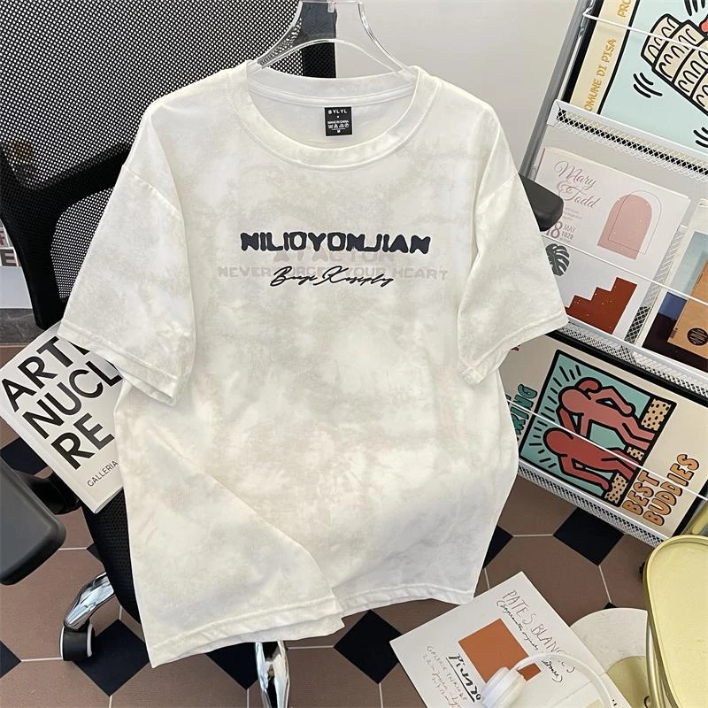 男装美式扎染短袖恤男2025夏季新款痞帅青少年宽松字母印花半袖