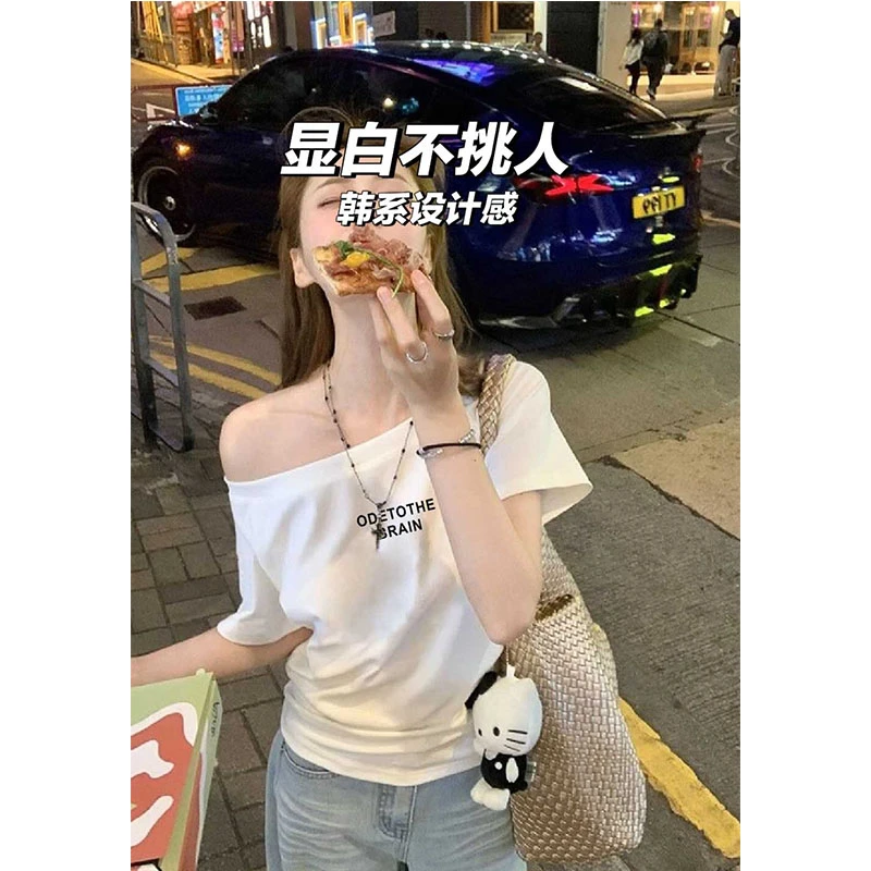 斜领白色t恤女2025新款优质棉短袖时尚休闲百搭收腰显瘦上衣夏季