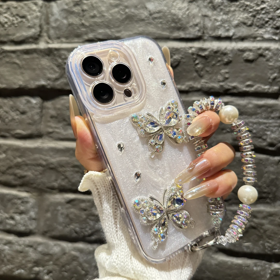 彩色闪钻两只蝴蝶适用苹果16promax手机壳iPhone15新款14轻奢13女