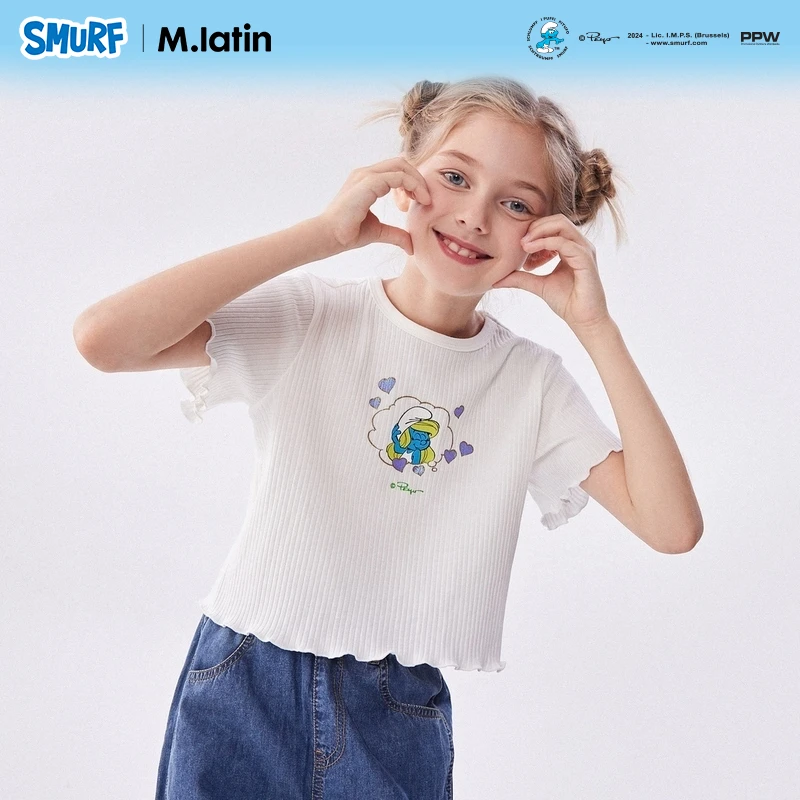 【商场同款】马拉丁童装儿童T恤夏女童大童短款修身坑条T恤