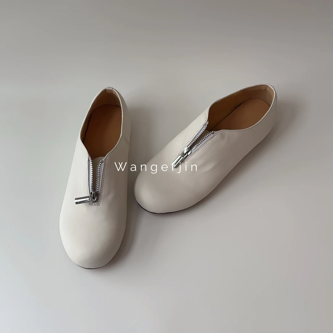 【六呈六】牛皮/2.5CM/极简老钱平底圆头前拉链超软小皮鞋奶奶单鞋