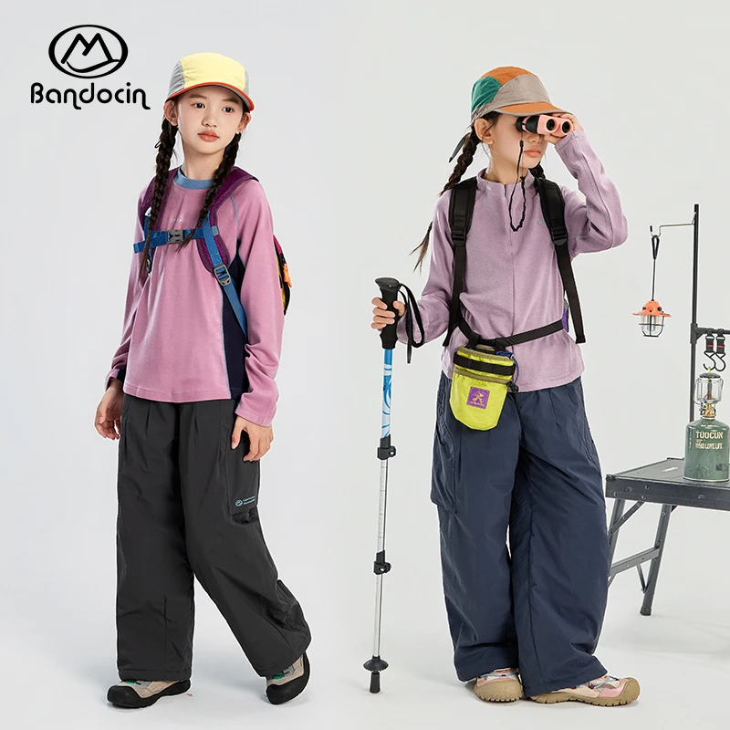 BANDOCIN半度闲女童裤子冬季轻量保暖杜邦轻棉裤户外宽松工装长裤