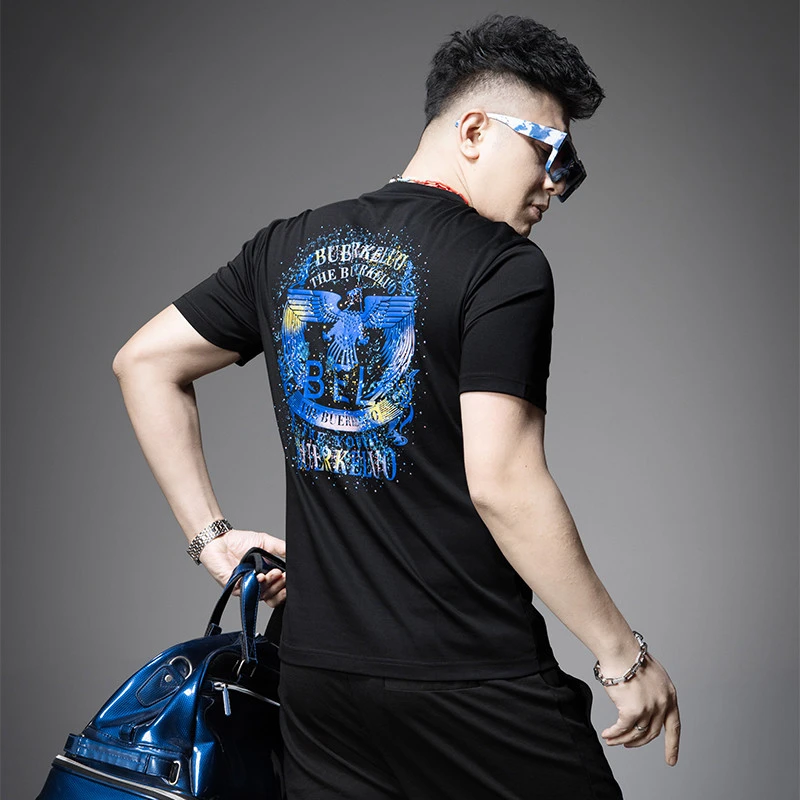 短袖T恤男款2025新款香港高端潮牌烫钻印花上衣休闲打底体恤男装