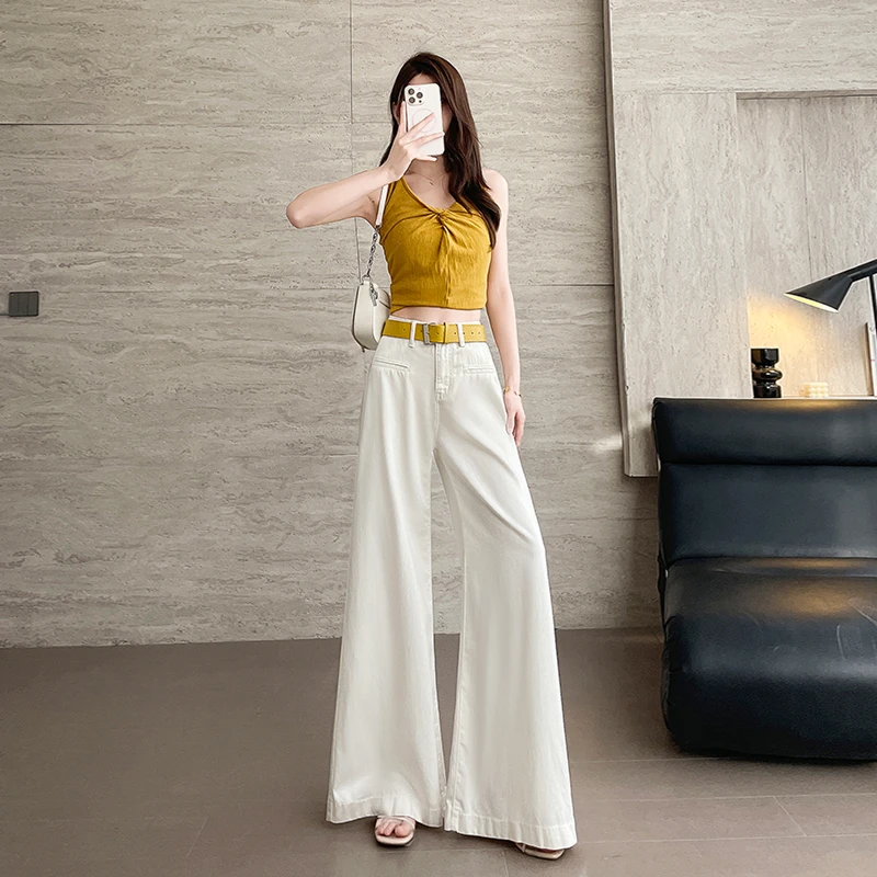 白色阔腿天丝牛仔裤女夏季薄款高腰显瘦直筒不贴腿微喇百搭拖地裤