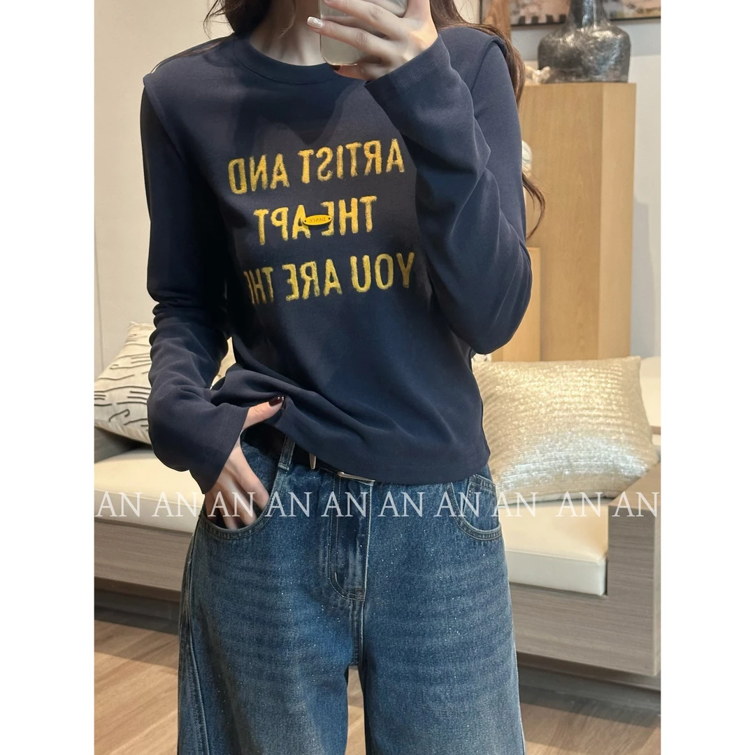 C08398韩系减龄INS风秋季百搭显瘦圆领打底衫字母T恤