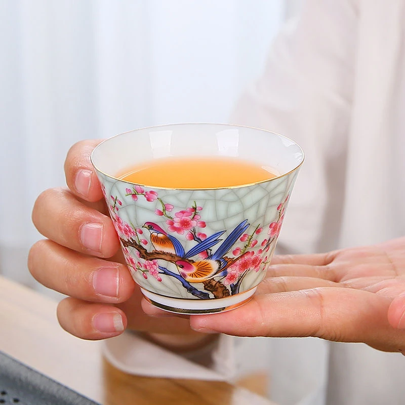 珐琅彩喜鹊杯陶瓷主人杯功夫茶具高端品茗杯