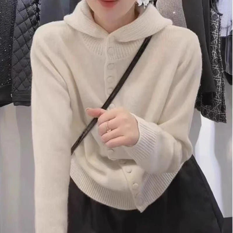 慵懒风宽松连帽毛衣秋冬新款开衫女针织上衣外套-883