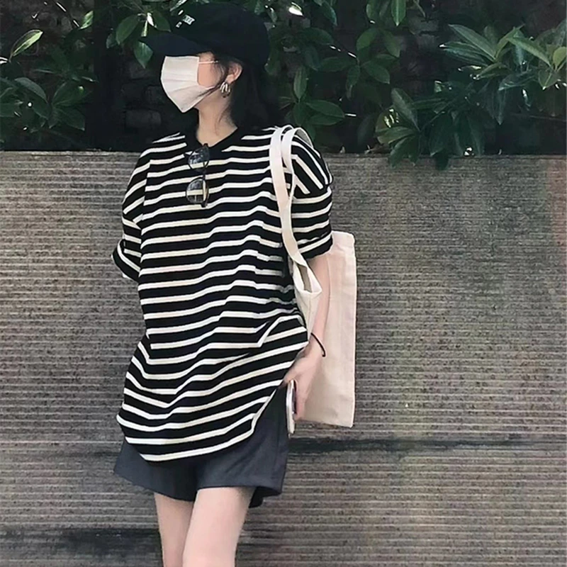 黑白条纹短袖t恤女2025夏季欧货时尚宽松洋气百搭遮臀中长款上衣
