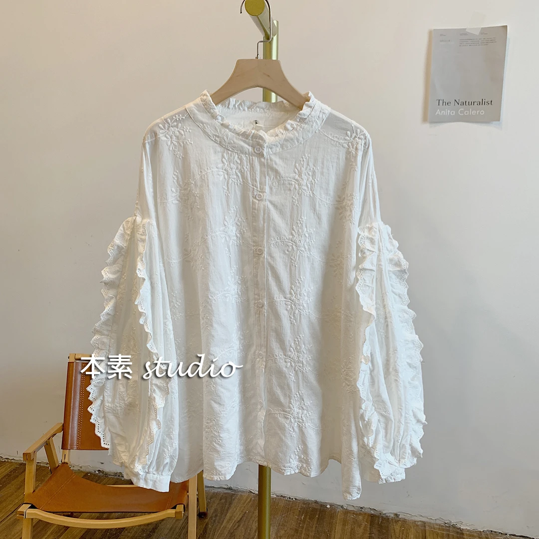 小天使C1949刺绣蕾丝边全开扣立领衬衫