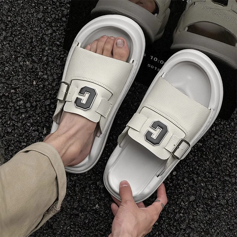 吉伦略索男士夏季拖鞋外穿踩屎感时尚厚底凉拖潮流百搭皮面一字拖