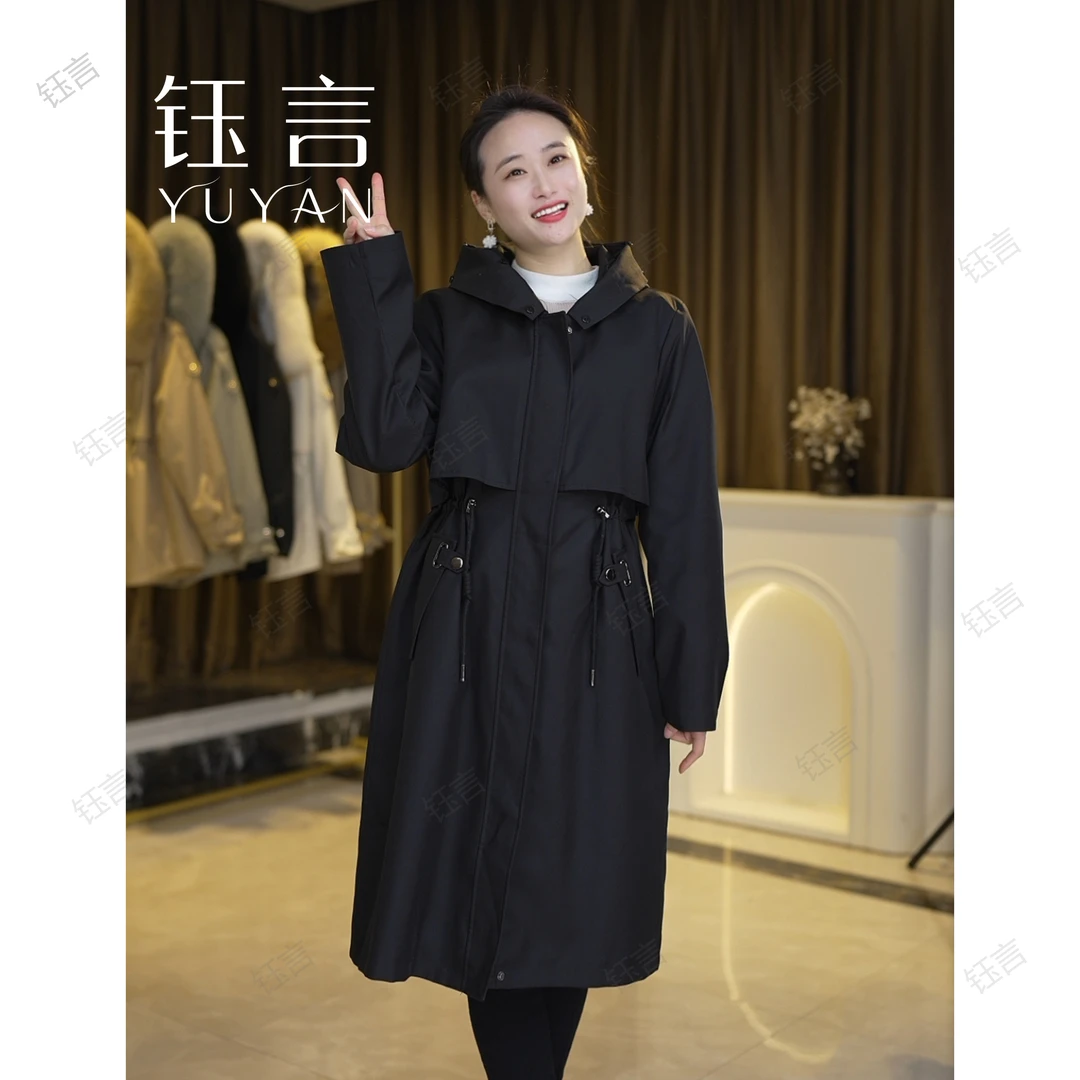 钰言【若竹外壳】外套风衣大衣时尚黑色连帽中长款休闲春秋气质加厚