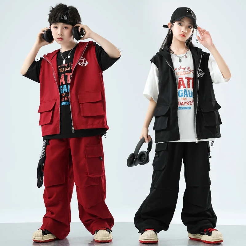 街舞儿童嘻哈演出服男女童帅气连帽马甲套装少儿hiphop架子鼓潮服