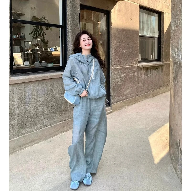 秋季时尚套装女装2025韩版洋气休闲运动风连帽外套宽松慵懒感长裤