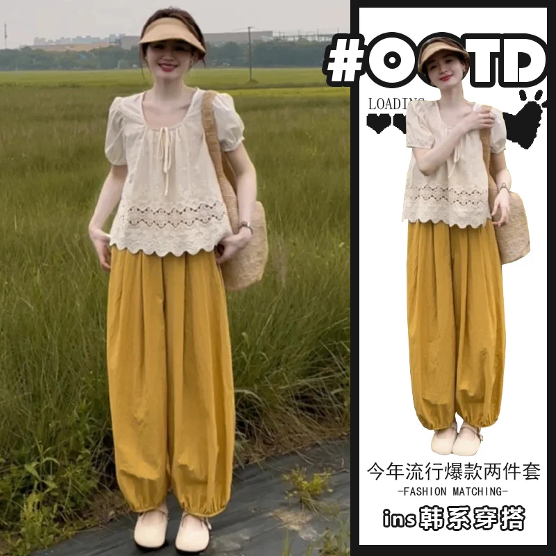 2025年夏装搭配一整套微胖显瘦小香风上衣灯笼裤今年流行漂亮套装
