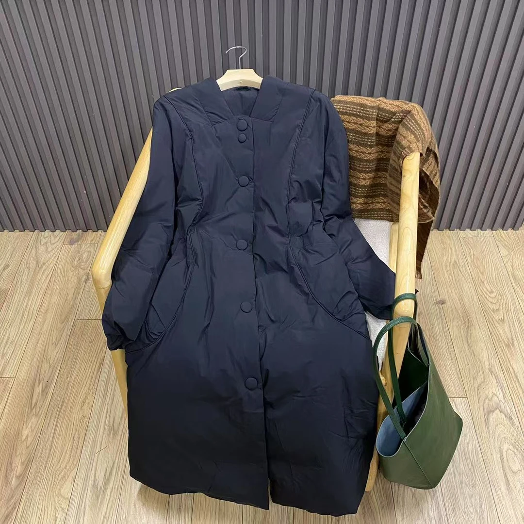 秋冬复古宽松90白鸭绒长款羽绒服纯色百搭文艺保暖外套女W5082