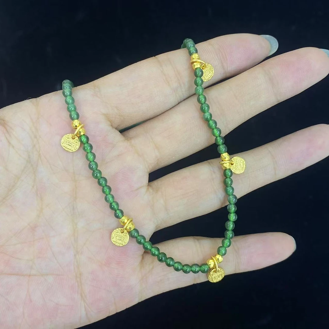 S925银镶翡翠圆珠五福项链（尺寸：3mm）-BYL042