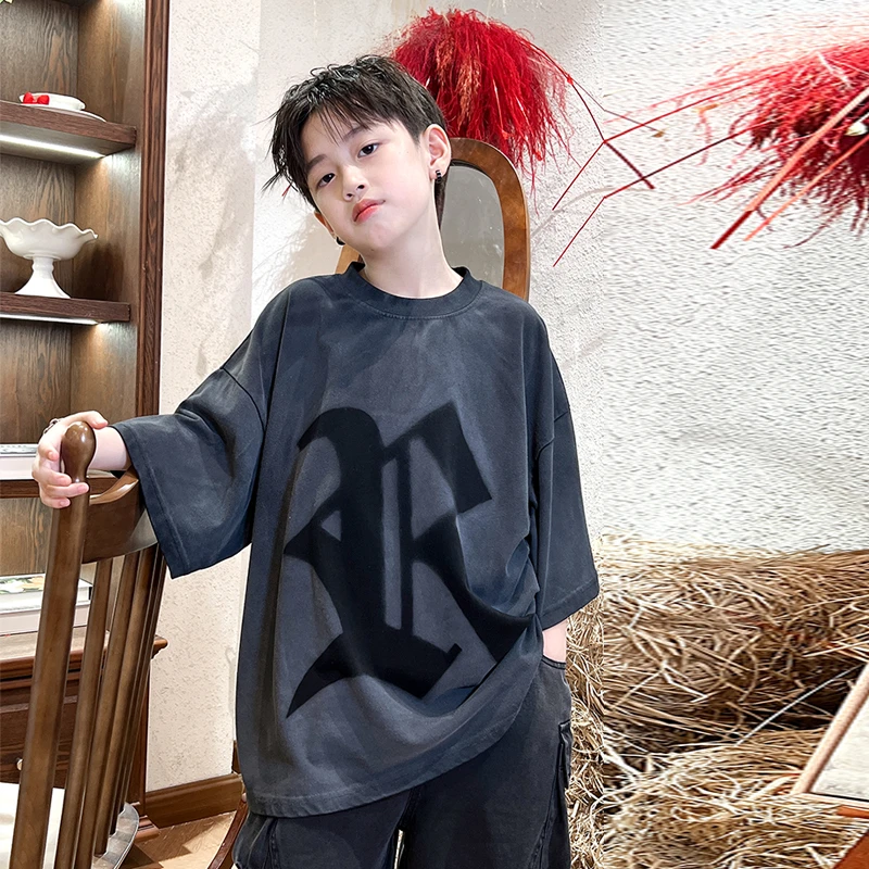 美式重磅男童短袖t恤夏季新款中大童纯棉做旧宽松上衣儿童装潮牌T