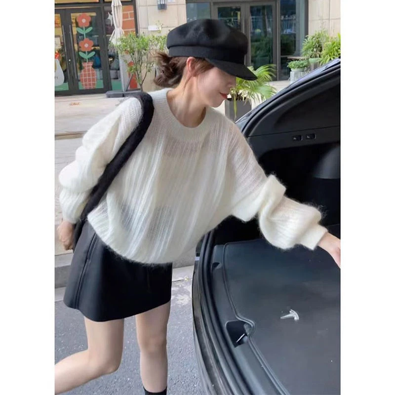 2025早秋薄款打底慵懒风微透针织衫罩衫女春早秋慵懒风针织罩衫