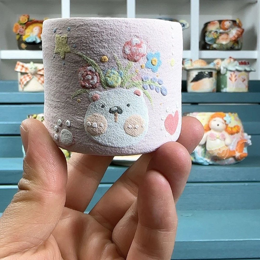 多肉花盆：浅粉色小熊