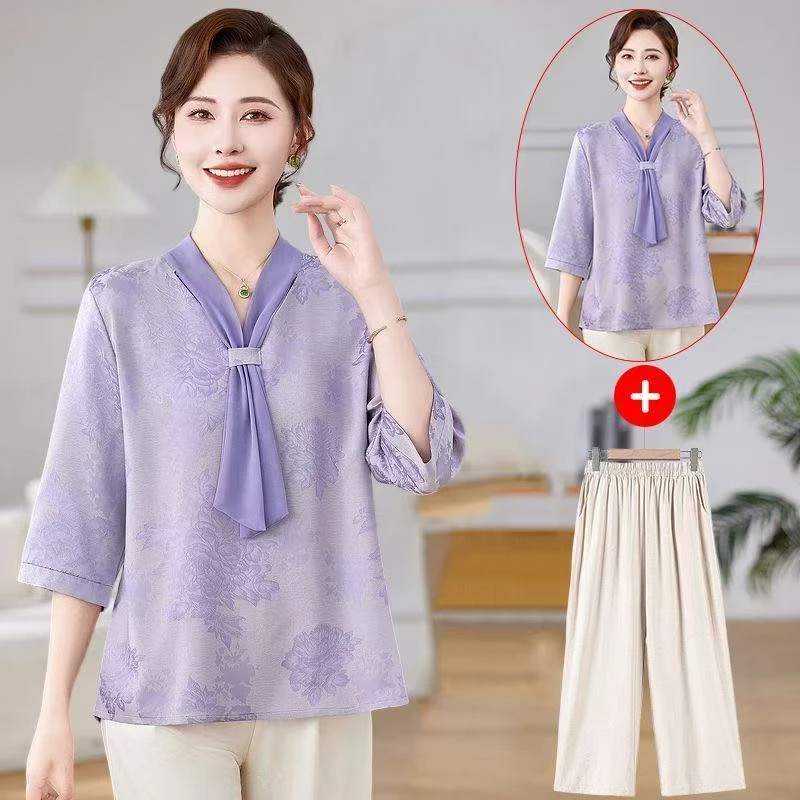 9180-妈妈夏装减龄小衫新款洋气中老年女夏季七分袖套装【艾维美】