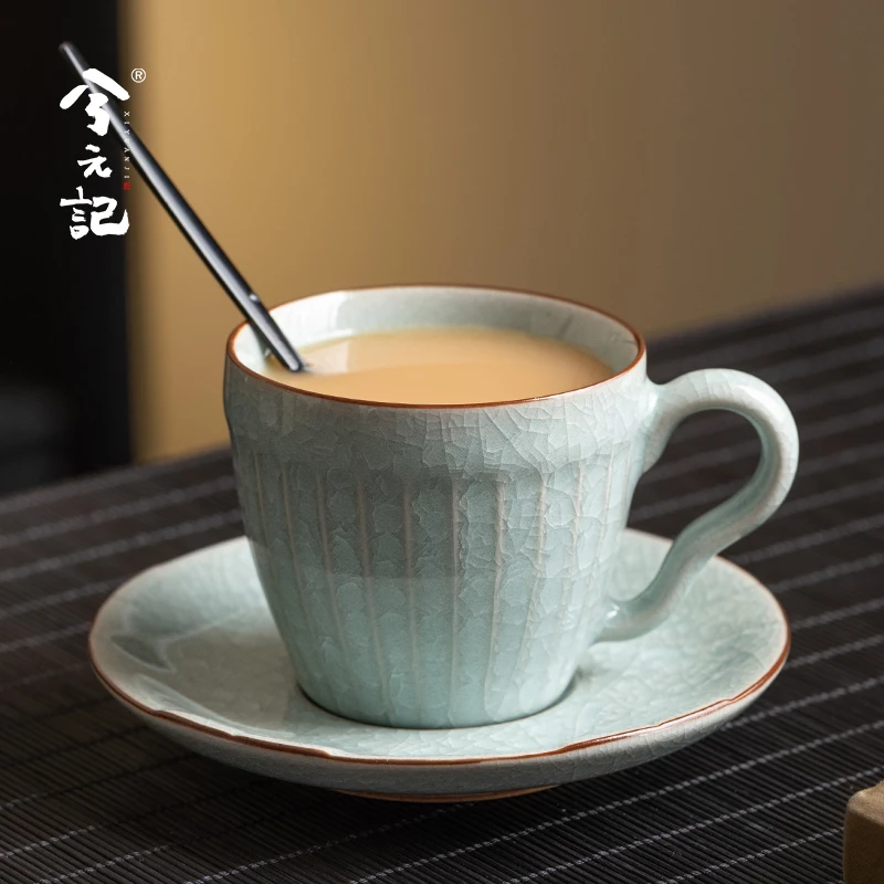 兮元记冰花汝窑咖啡杯碟套装高档精致拿铁杯女士个人专用马克杯