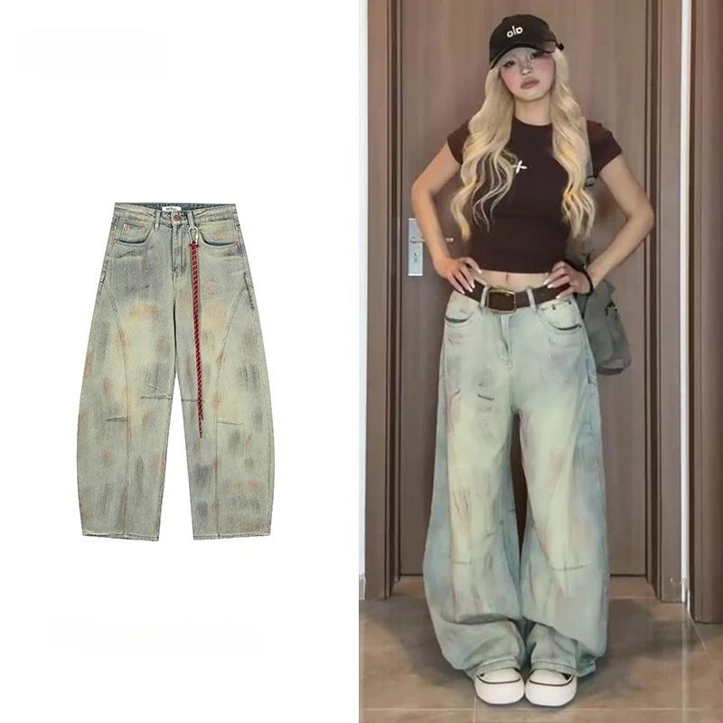 辣妹宽松高街水洗ins风脏染弯刀牛仔裤韩版复古百搭设计感拖地裤