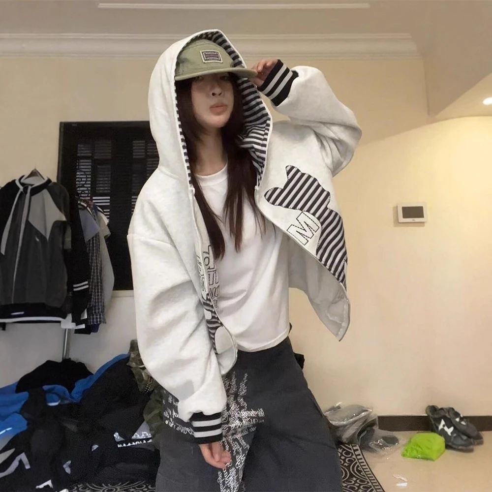 美式复古条纹字母小鹿长袖开衫卫衣春秋设计感宽松潮流休闲服