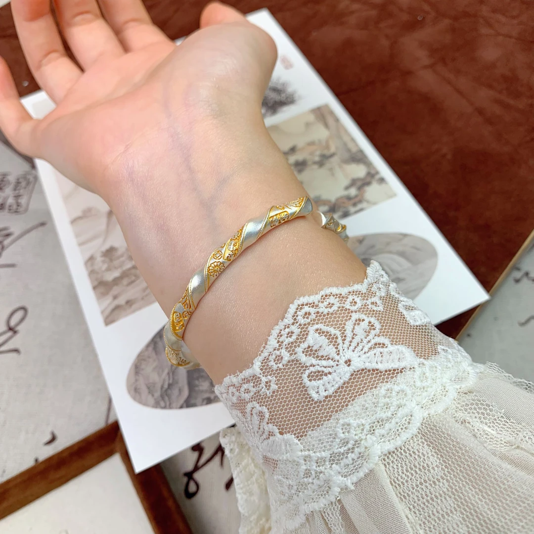 足银手镯 月鲤YUELI银饰 “吉纹缠” 足银999.9 国风手工描金手镯