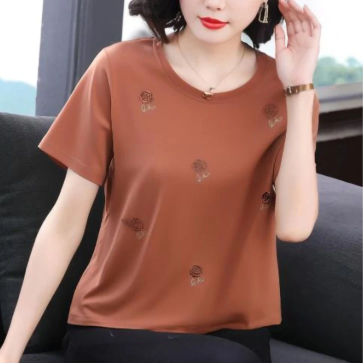 妈妈款短袖t恤女夏装妇女装纯棉百搭半袖汗衫中老年休闲圆领上衣