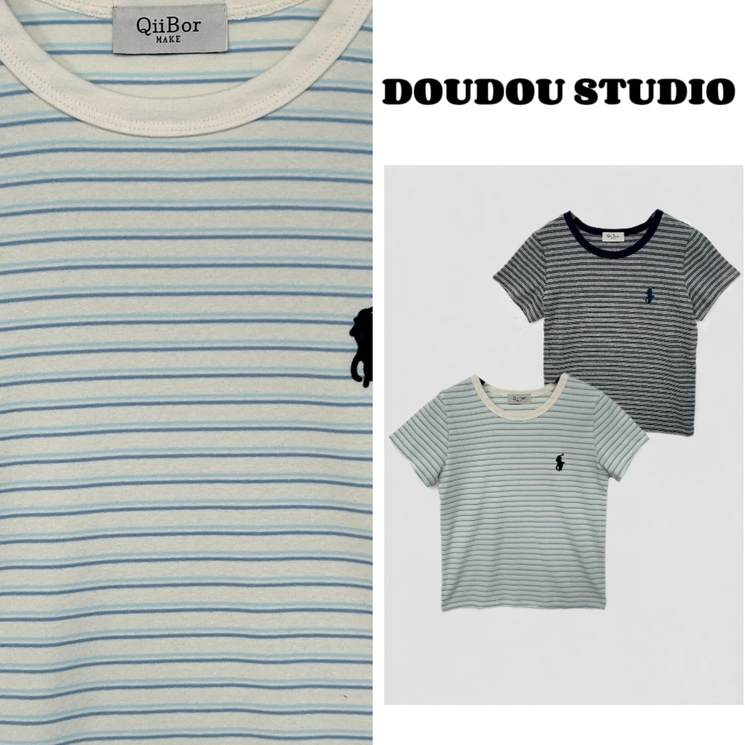 【兜兜】小战士 春夏新款刺绣简约条纹修身短袖T恤 210134