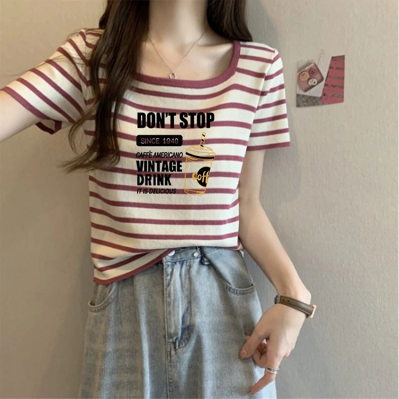 方领短袖女夏修身减龄红色条纹螺纹棉弹力高级上衣红条纹横条t恤