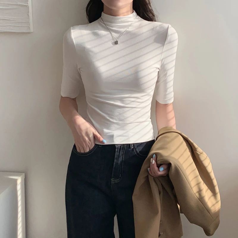 半高领中袖打底衫女2026新款秋季内搭黑色针织五分袖t恤紧身上衣