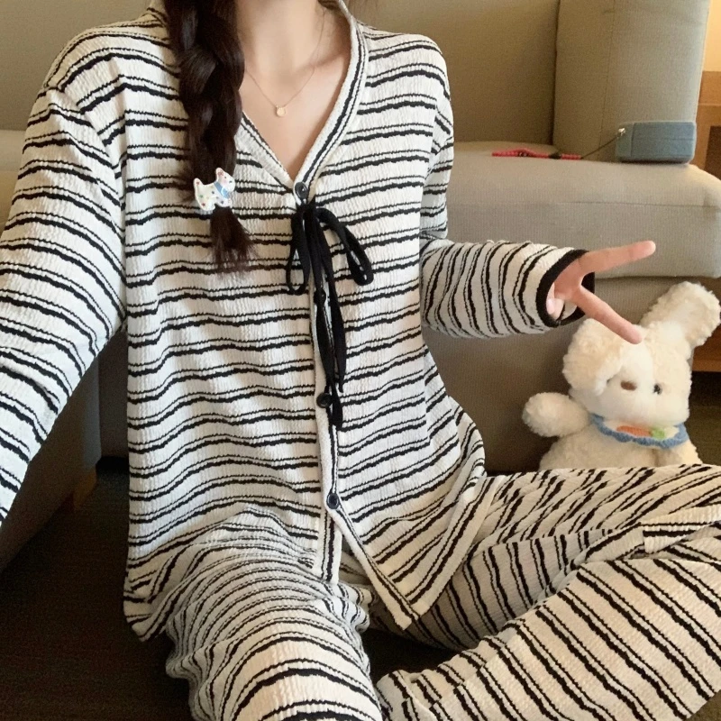 条纹开衫长袖睡衣春秋季2025新款高级甜美显瘦宽松家居服套装外出