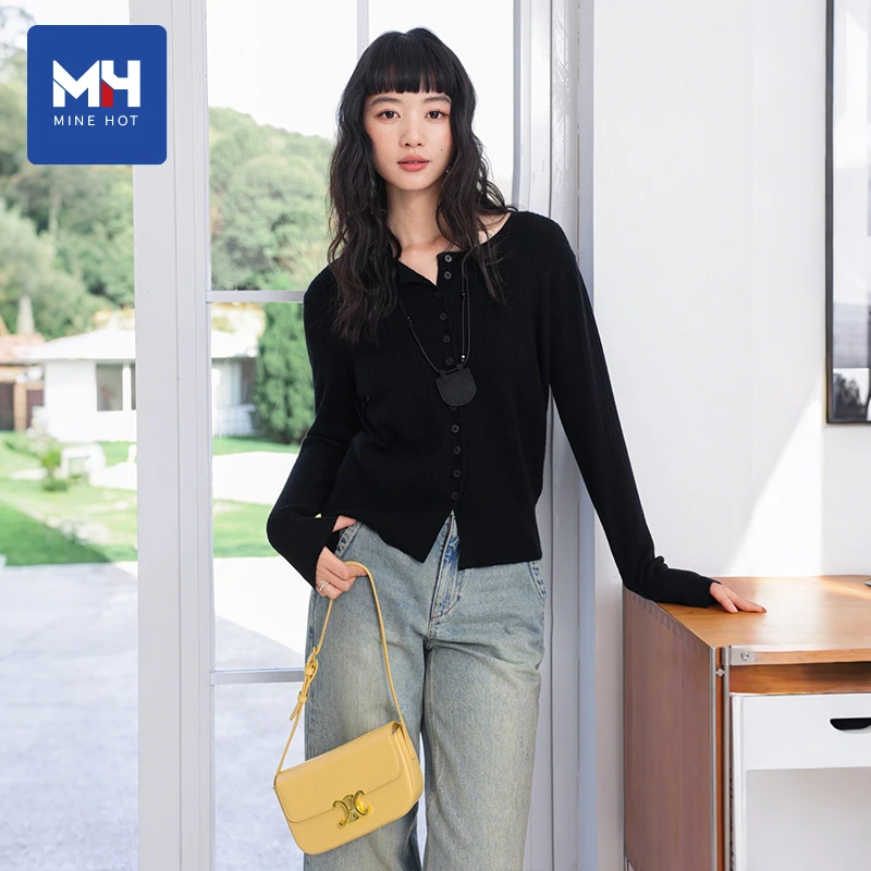 唐狮集团MH黑色针织开衫女2025新款绞花毛衣上衣早春流行穿搭H