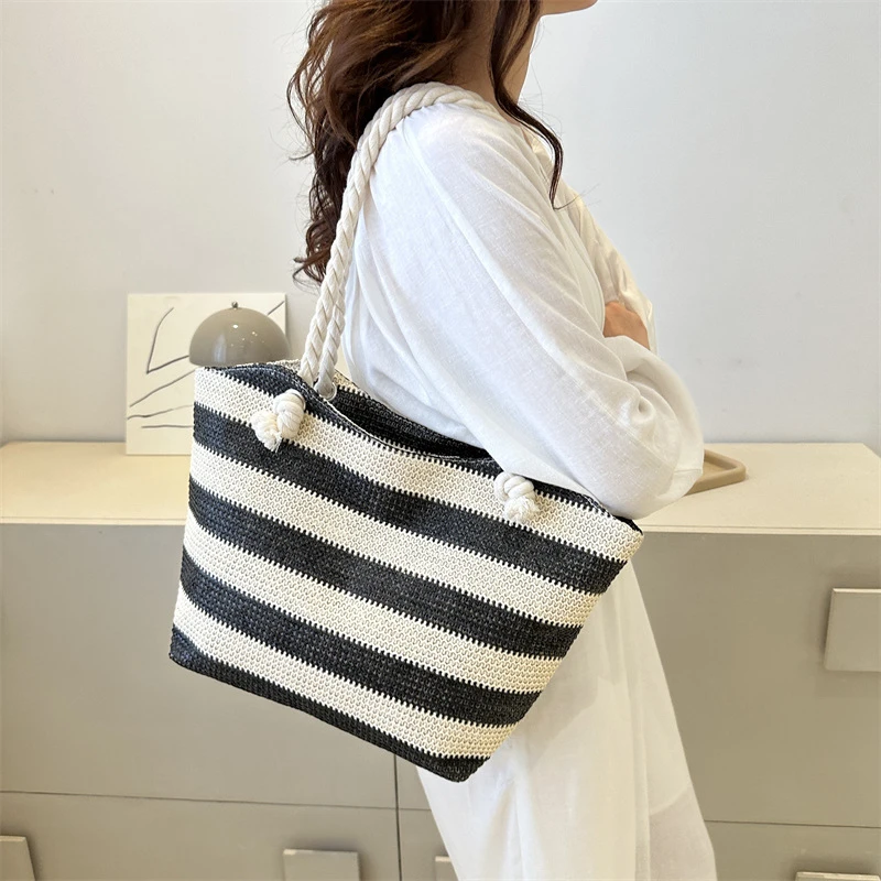 时尚大容量托特包女2025新款简约休闲单肩包条纹编织手提包购物袋