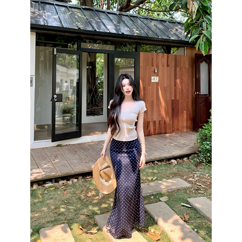 2025秋季新款修身显瘦简约百搭时尚正肩短袖上衣波点气质半身长裙