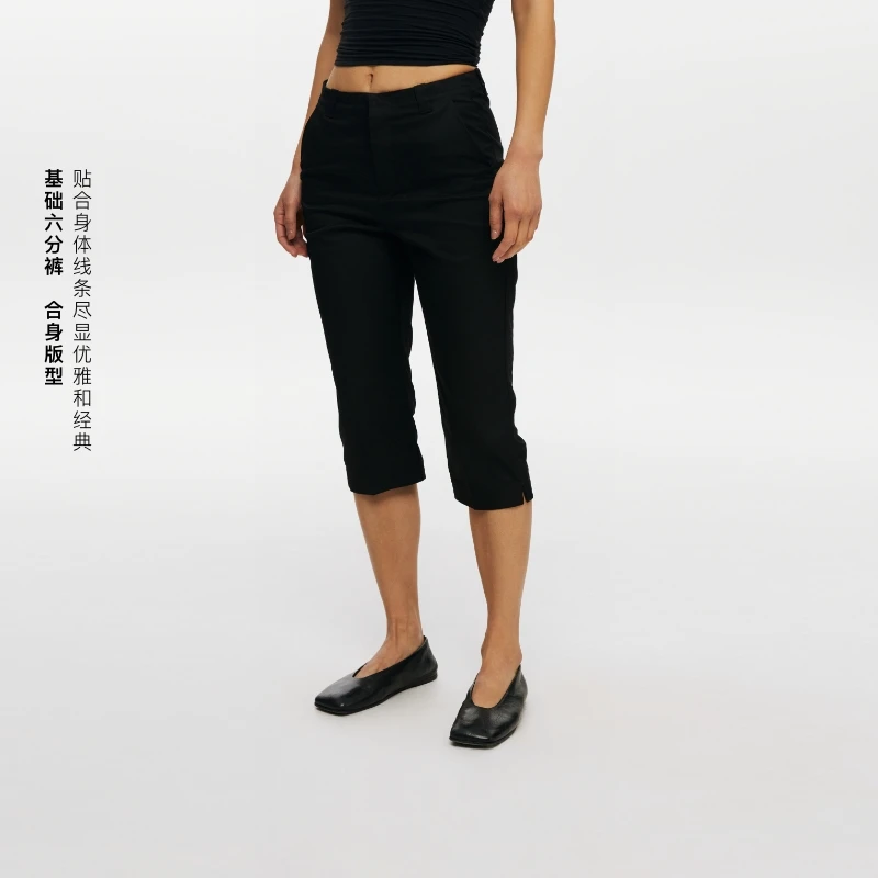 Oneup索罗娜合身六分裤女经典夏季小个子修身通勤黑色休闲裤子