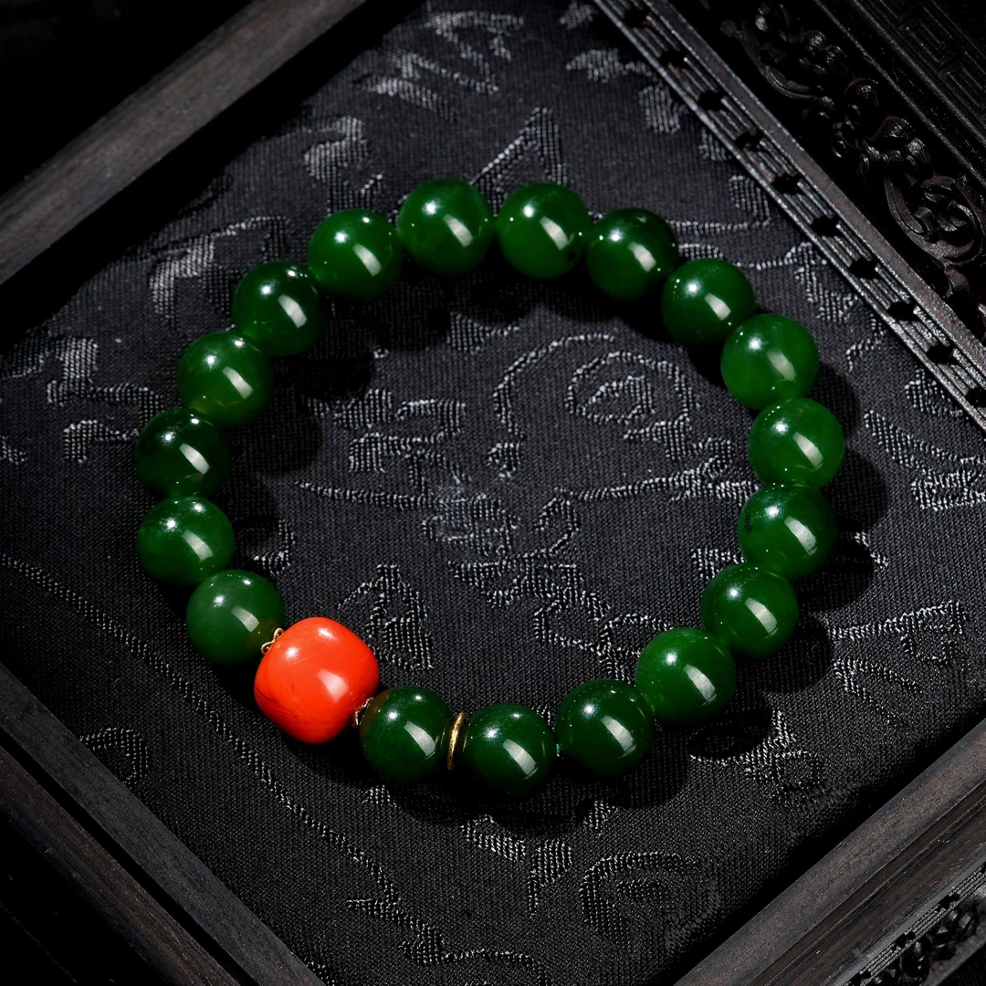 精品和田玉老料18K金手串AS0999约9.5mm微瑕