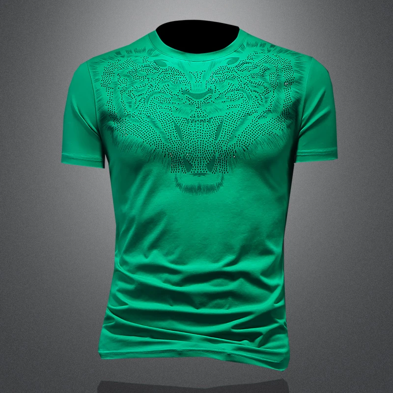 萨尔布勒斯夏季潮流虎头烫钻印花短袖衫男士休闲圆领修身薄款男装