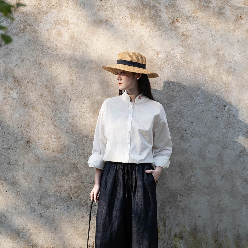 言作原创春新品手工绣花60支长绒棉纸棉通勤中长衬衫 书页浮光 六