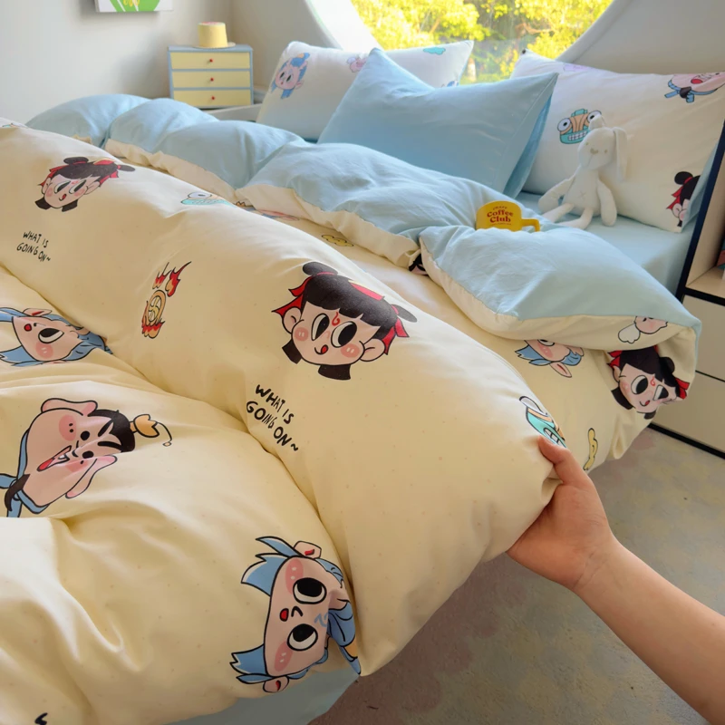 哪吒水洗棉学生宿舍床单四件套卡通亲肤被套床单儿童床笠三件套