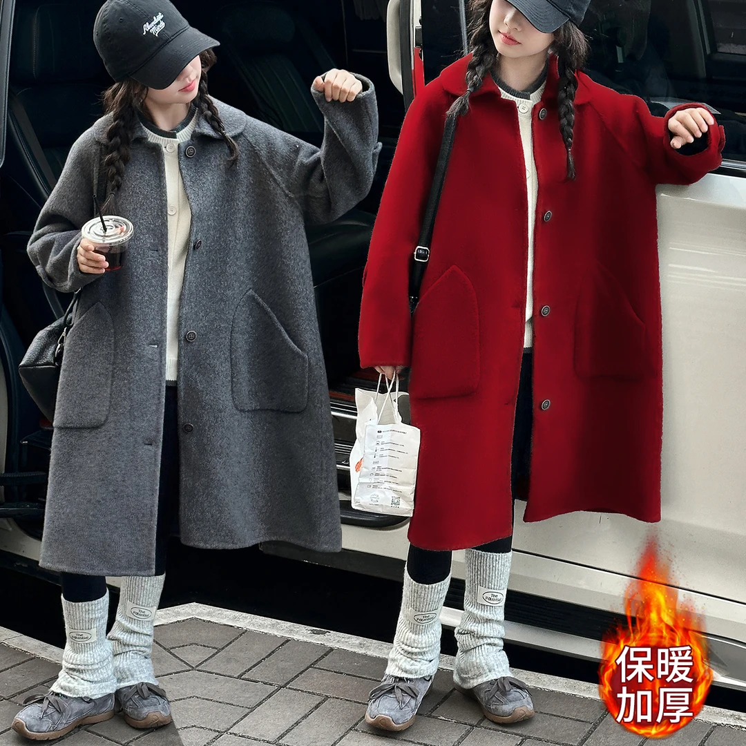 女童韩版加厚中长款毛呢外套秋冬2026新儿童洋气红色大衣拜年服
