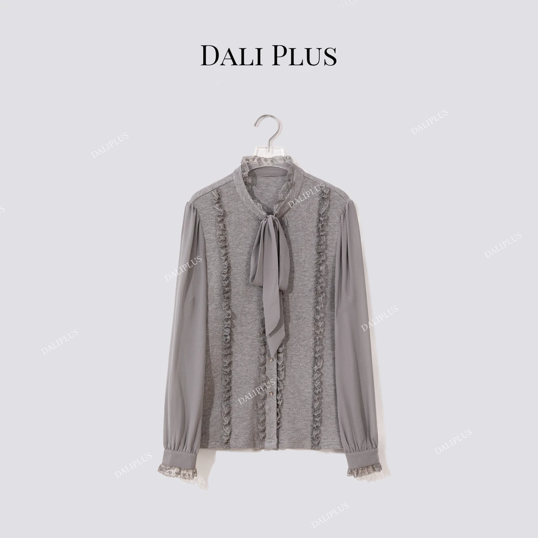 DALI PLUS“蕾丝花边针织拼接衬衫”立领飘带衬衫-D5MM3155