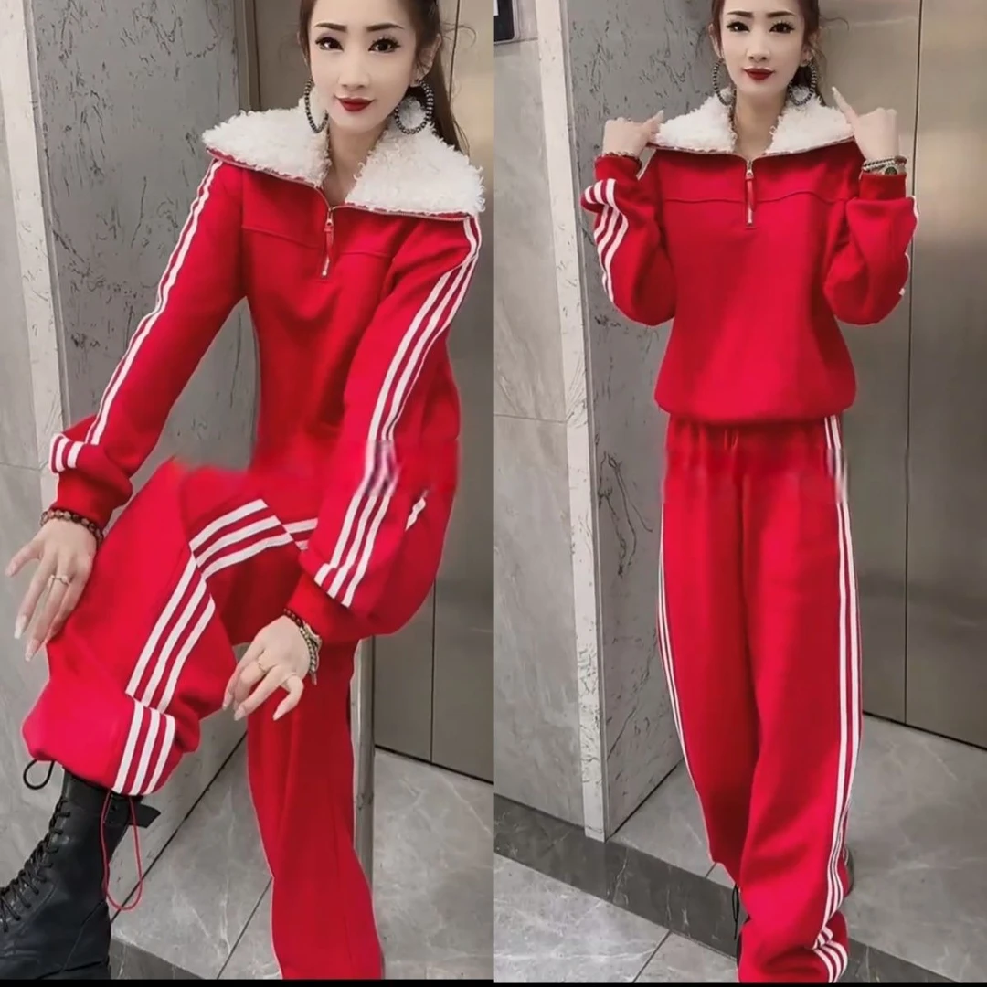 冬季新款加绒保暖套装女半开拉链高领卫衣宽松百搭直筒长裤两件套