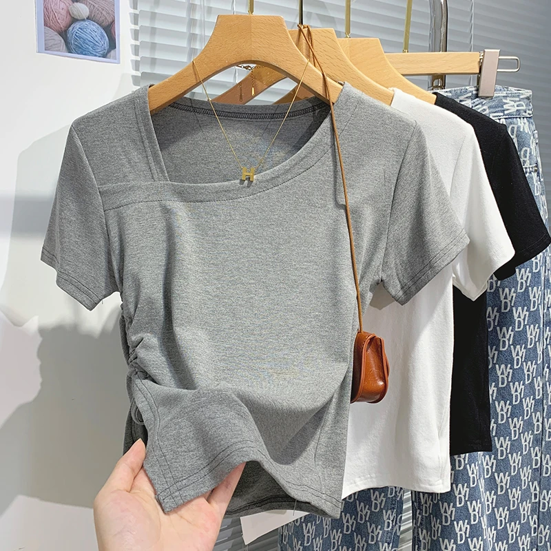 不规则抽绳短款短袖t恤女夏季2025新款纯欲辣妹正肩洋气半袖上衣